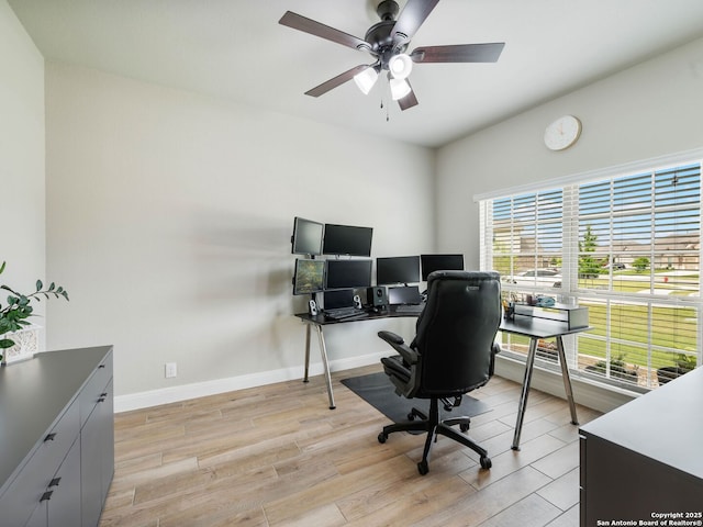126 Stout Cv, Cibolo, TX 78108 - office area with plenty of natural light, ceiling fan, and light wood-style floors