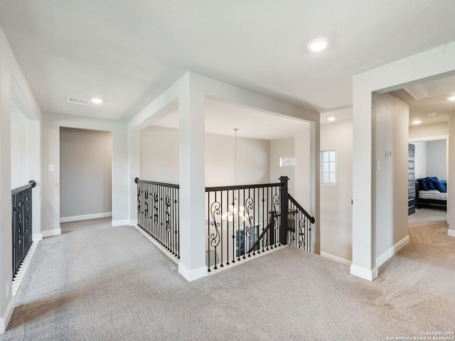 126 Stout Cv, Cibolo, TX 78108 - hall featuring carpet, baseboards, an upstairs landing, and recessed lighting