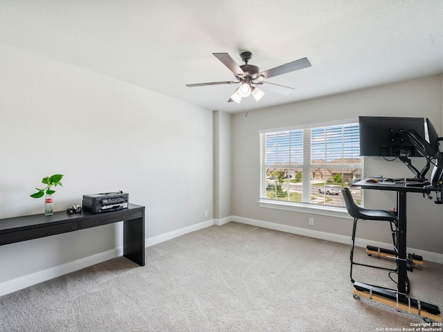 126 Stout Cv, Cibolo, TX 78108 - home office featuring ceiling fan, carpet floors, and baseboards