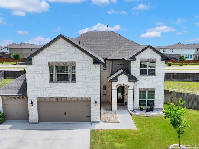 126 Stout Cv, Cibolo, TX 78108 - french country style house featuring stone siding, driveway, a shingled roof, and a garage