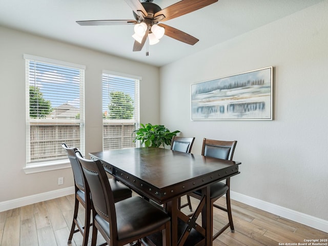 126 Stout Cv, Cibolo, TX 78108 - dining room with baseboards, light wood-type flooring, ceiling fan, and an office area