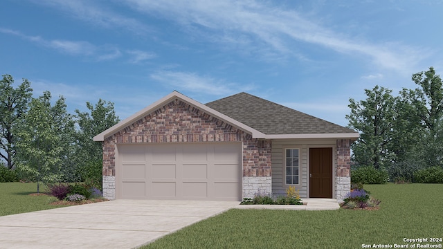 1439 Chianti Pass, New Braunfels, TX 78130 - view of front of house featuring stone siding, concrete driveway, a front yard, a shingled roof, and a garage