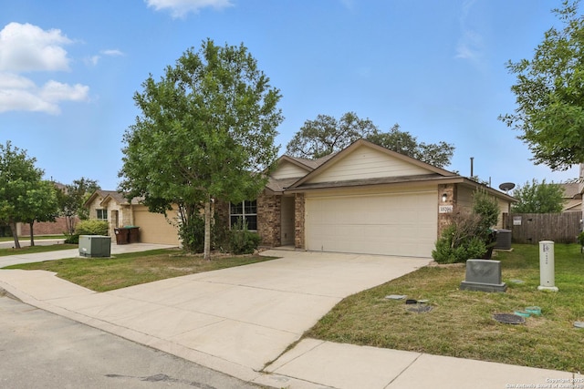 15206 Field Sparrow, San Antonio, TX 78253 - view of front facade featuring an attached garage, brick siding, concrete driveway, and cooling unit