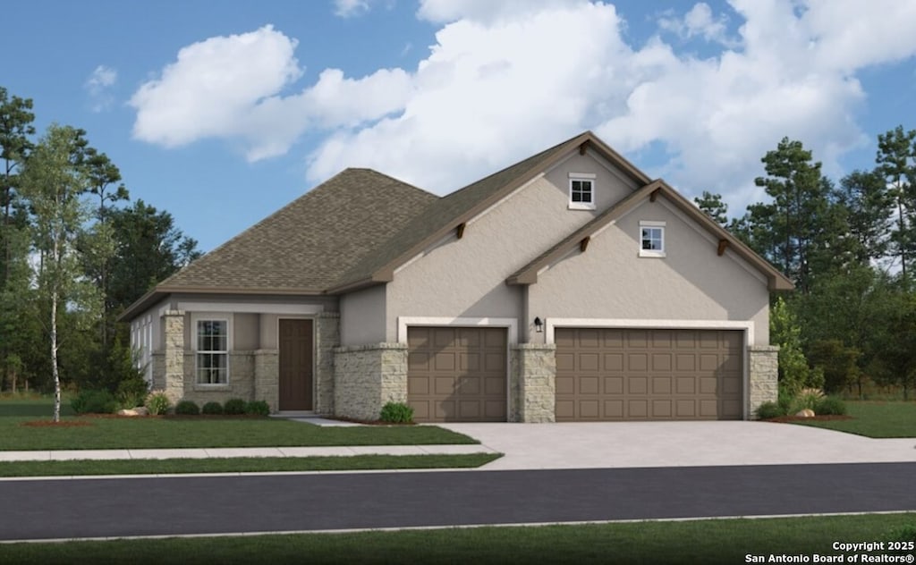 437 Seibel Way, Universal City, TX 78148 - view of front of house with stone siding, driveway, stucco siding, and a garage