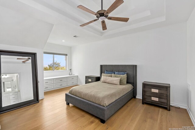 113 Carino Cv, Boerne, TX 78006 - bedroom with a raised ceiling, light wood-style floors, and a ceiling fan