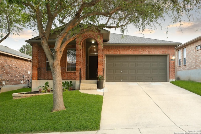 12234 Redbud Leaf, San Antonio, TX 78253 - view of front of home featuring brick siding, concrete driveway, an attached garage, a front lawn, and a shingled roof
