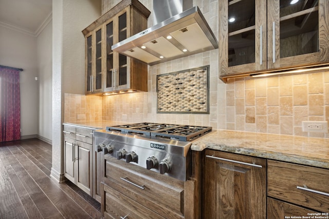 1078 Star Rdg, Spring Branch, TX 78070 - kitchen featuring wall chimney exhaust hood, crown molding, stainless steel gas cooktop, light stone counters, and baseboards