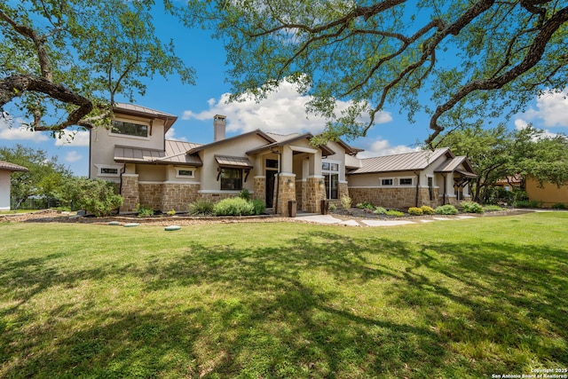 1078 Star Rdg, Spring Branch, TX 78070 - view of front of property featuring a standing seam roof, metal roof, stone siding, and a chimney