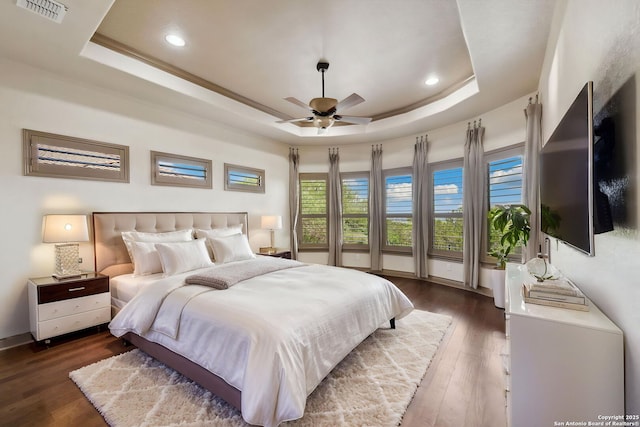 1078 Star Rdg, Spring Branch, TX 78070 - bedroom with a tray ceiling, wood finished floors, recessed lighting, a ceiling fan, and baseboards