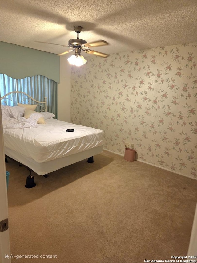 1319 Tideland, San Antonio, TX 78245 - carpeted bedroom featuring a textured ceiling, wallpapered walls, and ceiling fan