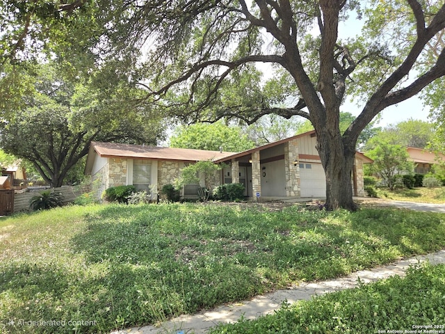 1319 Tideland, San Antonio, TX 78245 - mid-century home featuring stone siding, an attached garage, and concrete driveway