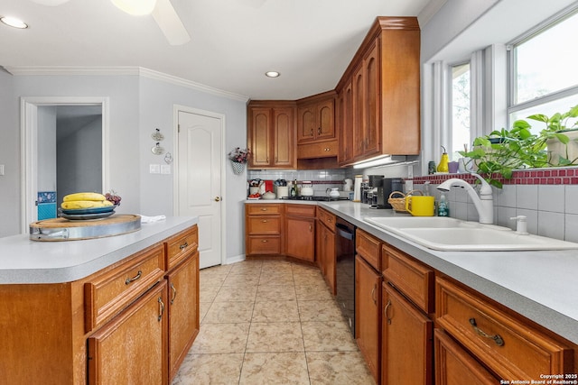 1434 Whispering Water, Spring Branch, TX 78070 - kitchen featuring a sink, dishwasher, decorative backsplash, crown molding, and light countertops