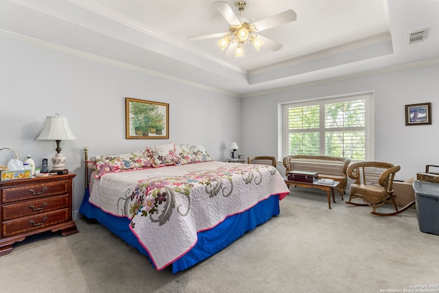 1434 Whispering Water, Spring Branch, TX 78070 - carpeted bedroom with a tray ceiling, crown molding, and ceiling fan