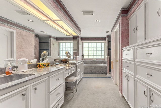 1434 Whispering Water, Spring Branch, TX 78070 - full bathroom with a bath, double vanity, wallpapered walls, and recessed lighting