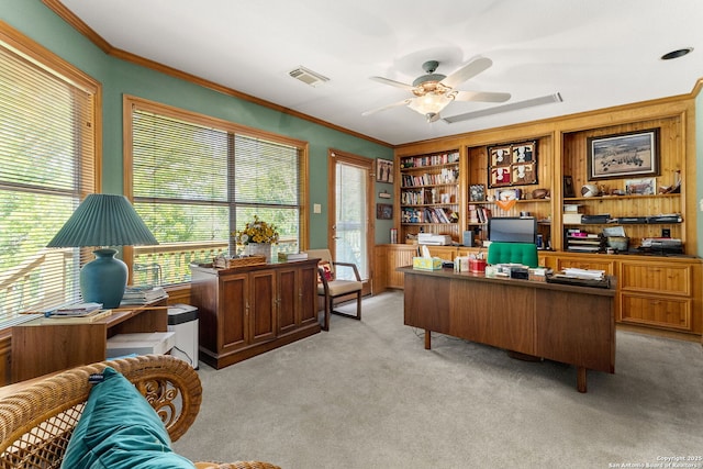 1434 Whispering Water, Spring Branch, TX 78070 - office area featuring light carpet, ceiling fan, crown molding, and built in features