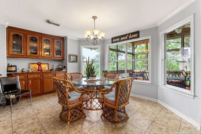1434 Whispering Water, Spring Branch, TX 78070 - dining room with ornamental molding, plenty of natural light, a chandelier, light tile patterned floors, and baseboards