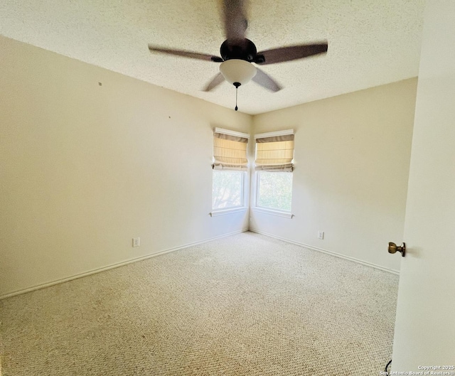 9208 Bowen, San Antonio, TX 78250 - empty room featuring a textured ceiling, ceiling fan, carpet floors, and baseboards