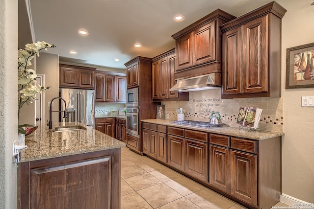 3811 Mira Mesa, San Antonio, TX 78259 - kitchen featuring exhaust hood, appliances with stainless steel finishes, a sink, backsplash, and light stone counters