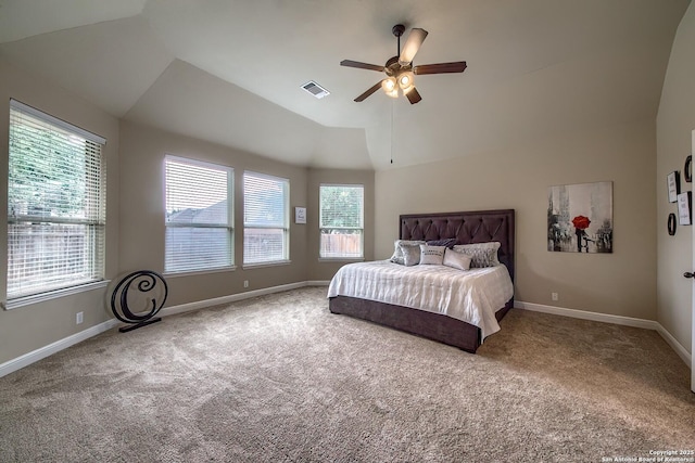 3811 Mira Mesa, San Antonio, TX 78259 - bedroom featuring carpet, vaulted ceiling, baseboards, and ceiling fan