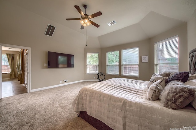 3811 Mira Mesa, San Antonio, TX 78259 - bedroom with carpet, baseboards, vaulted ceiling, and ceiling fan