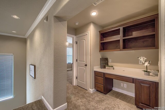 3811 Mira Mesa, San Antonio, TX 78259 - unfurnished office with built in study area, light colored carpet, ornamental molding, recessed lighting, and a textured wall