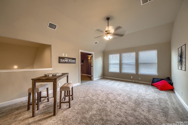 3811 Mira Mesa, San Antonio, TX 78259 - dining space featuring carpet flooring, a ceiling fan, vaulted ceiling, and baseboards