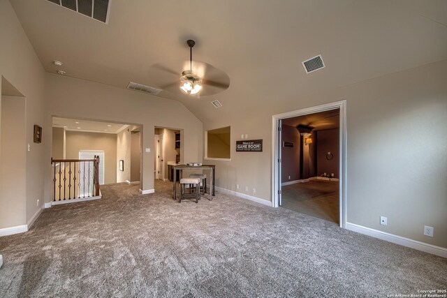 3811 Mira Mesa, San Antonio, TX 78259 - living room featuring a ceiling fan, carpet floors, vaulted ceiling, and baseboards