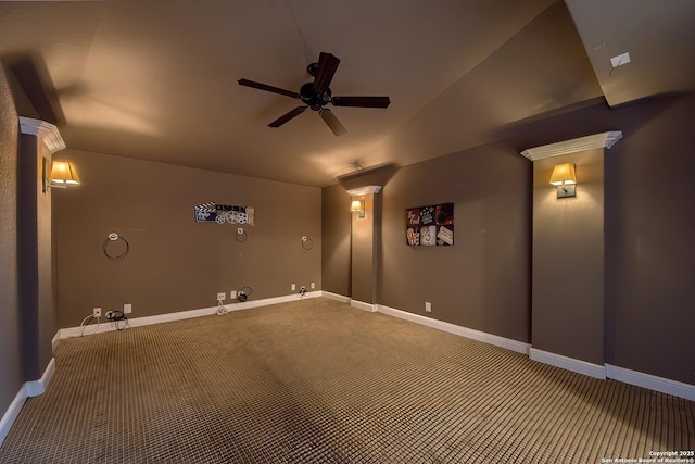 3811 Mira Mesa, San Antonio, TX 78259 - cinema room with carpet floors, a ceiling fan, baseboards, and vaulted ceiling