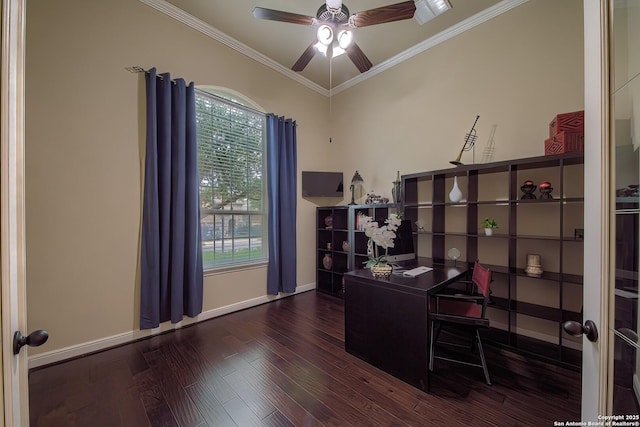 3811 Mira Mesa, San Antonio, TX 78259 - office space featuring a ceiling fan, ornamental molding, wood finished floors, and baseboards