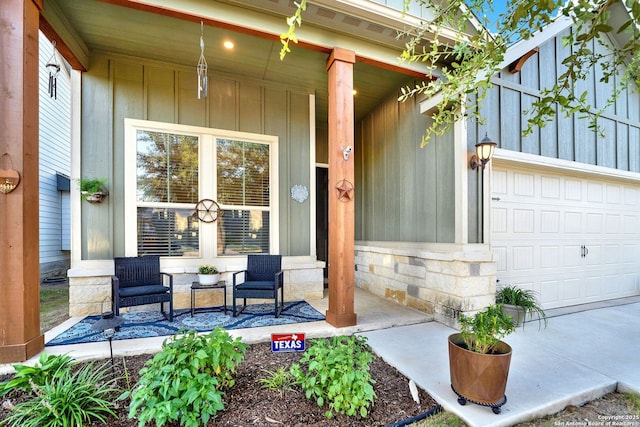 11706 Troubadour Trl, San Antonio, TX 78245 - property entrance featuring covered porch, a garage, board and batten siding, and stone siding