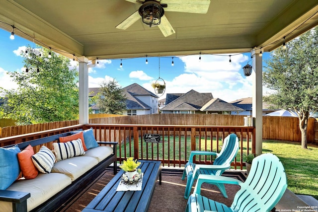 11706 Troubadour Trl, San Antonio, TX 78245 - deck featuring an outdoor hangout area and a ceiling fan