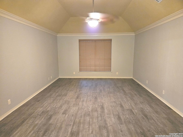 3524 Angora Trl, Schertz, TX 78154 - spare room featuring lofted ceiling, dark wood-type flooring, baseboards, and ornamental molding