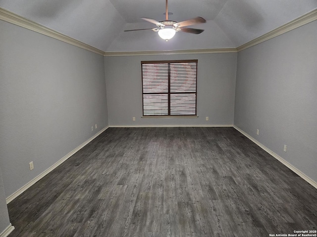 3524 Angora Trl, Schertz, TX 78154 - empty room featuring a ceiling fan, lofted ceiling, dark wood-type flooring, baseboards, and crown molding