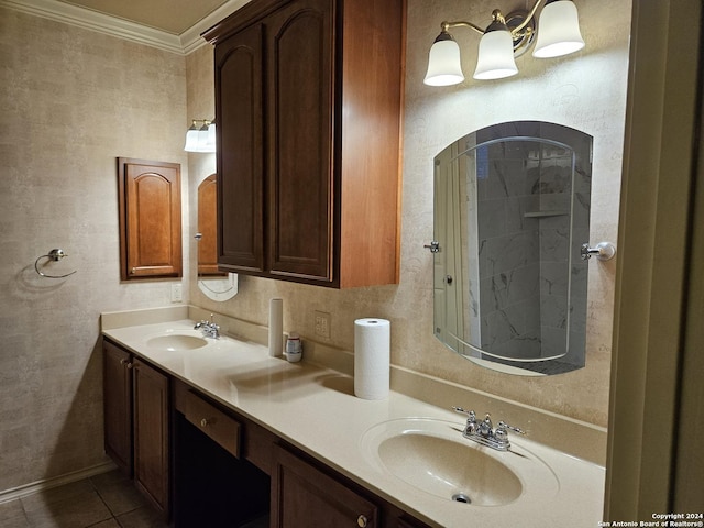 3524 Angora Trl, Schertz, TX 78154 - full bath featuring crown molding, tile patterned floors, double vanity, and a shower