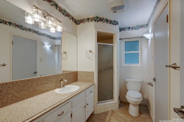109 Briarwood, Kerrville, TX 78028 - full bath with toilet, a shower stall, vanity, wallpapered walls, and tile patterned flooring
