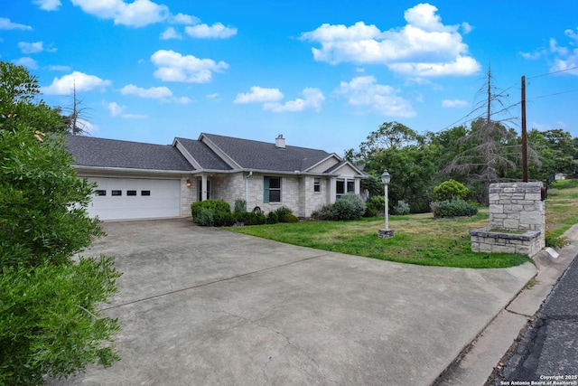 1306 Lytle, Kerrville, TX 78028 - ranch-style house with driveway, a front lawn, an attached garage, roof with shingles, and a chimney