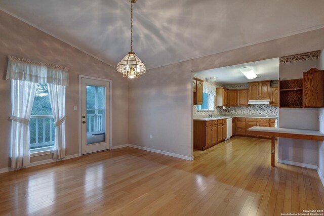 1306 Lytle, Kerrville, TX 78028 - kitchen with dishwasher, light countertops, light wood finished floors, a chandelier, and under cabinet range hood