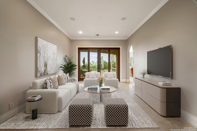 19223 Terra Rock, San Antonio, TX 78255 - living area with baseboards, ornamental molding, arched walkways, french doors, and recessed lighting