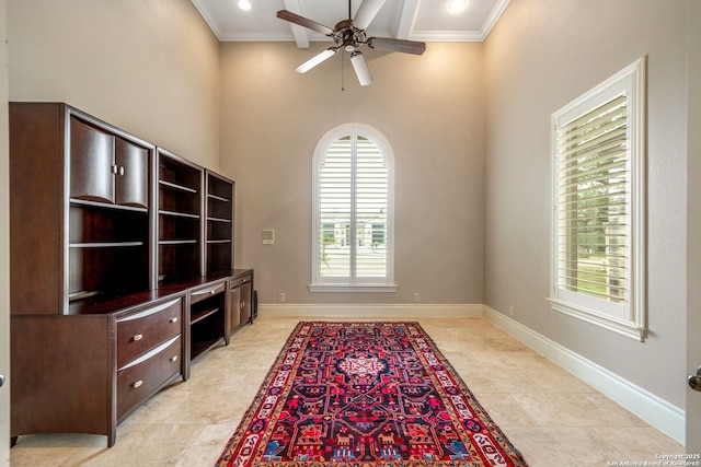 19223 Terra Rock, San Antonio, TX 78255 - unfurnished office with a towering ceiling, ceiling fan, ornamental molding, light tile patterned flooring, and baseboards