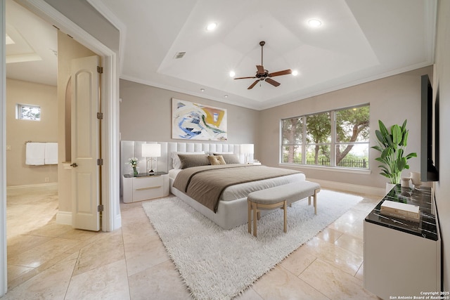 19223 Terra Rock, San Antonio, TX 78255 - bedroom with a raised ceiling, multiple windows, recessed lighting, baseboards, and crown molding