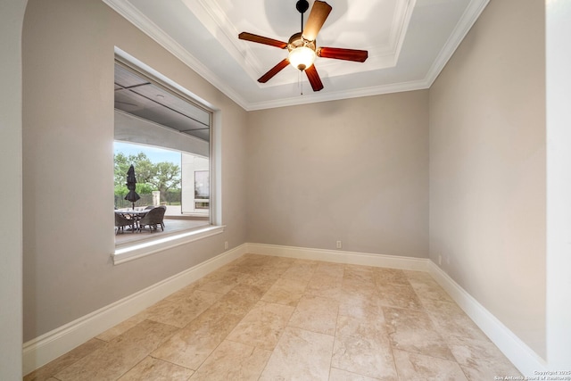19223 Terra Rock, San Antonio, TX 78255 - spare room featuring a tray ceiling, ornamental molding, ceiling fan, and baseboards