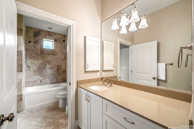 19223 Terra Rock, San Antonio, TX 78255 - bathroom featuring toilet, vanity, a chandelier, bathing tub / shower combination, and tile patterned flooring