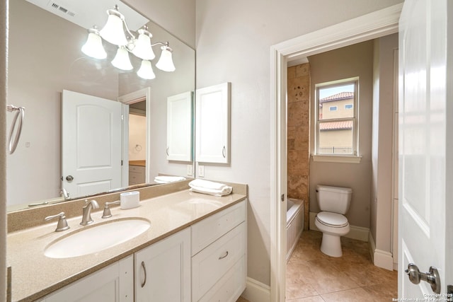 19223 Terra Rock, San Antonio, TX 78255 - bathroom with toilet, vanity, a chandelier, tile patterned floors, and shower / bath combination