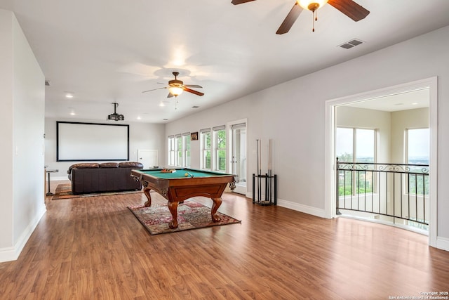 19223 Terra Rock, San Antonio, TX 78255 - playroom with a ceiling fan, billiards, wood finished floors, and baseboards
