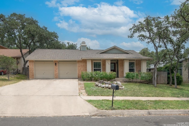 7122 Ranch Hill Dr, San Antonio, TX 78250 - ranch-style home with driveway, an attached garage, brick siding, a chimney, and a shingled roof