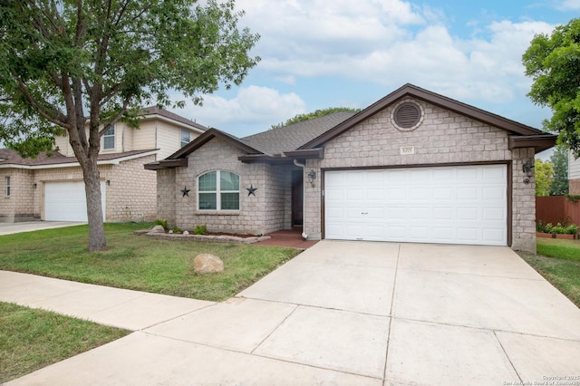 8215 Grissom Gate, San Antonio, TX 78251 - view of front of house featuring a front lawn, driveway, a garage, and stone siding