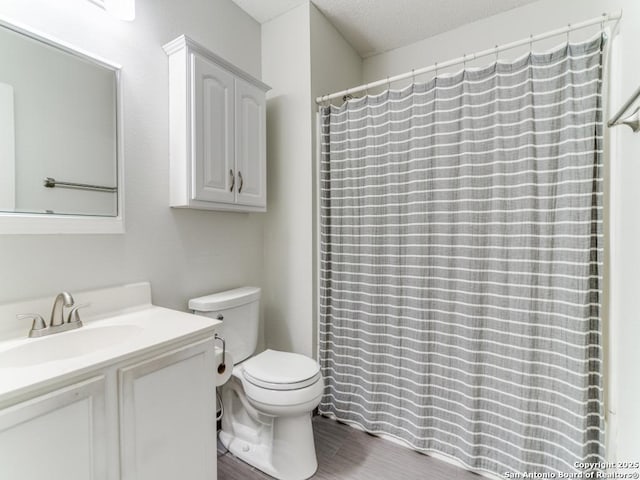 16402 Blanco Ky, San Antonio, TX 78247 - bathroom featuring toilet, vanity, wood finished floors, and a textured ceiling