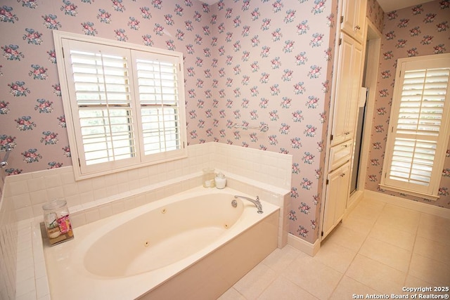 8333 Triple Crown, Boerne, TX 78015 - bathroom with wallpapered walls, a jetted tub, tile patterned flooring, and plenty of natural light
