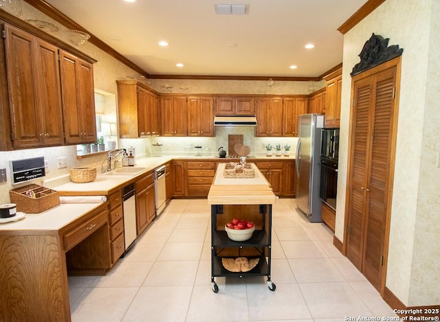 8333 Triple Crown, Boerne, TX 78015 - kitchen featuring a sink, open shelves, appliances with stainless steel finishes, under cabinet range hood, and ornamental molding