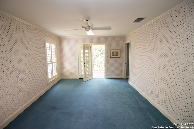 8333 Triple Crown, Boerne, TX 78015 - empty room with crown molding, wallpapered walls, baseboards, a ceiling fan, and carpet flooring